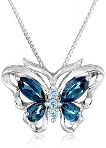 XPY Sterling Silver Swiss and London Blue Topaz Butterfly Pendant Necklace, 18