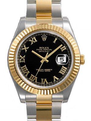 Rolex Datejust II Black Roman Dial 18k Yellow Gold Fluted Bezel Two Tone Oyster Bracelet Mens Watch 116333BKRO