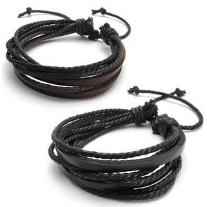 KONOV Jewelry 2pcs Leather Rope Brown & Black Unisex Surfer Wrap Bracelets