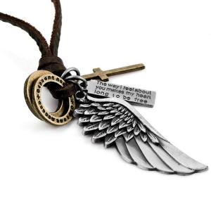 Men's Alloy Genuine Leather Pendant Necklace Silver Gold Brown Cross Angel Wing Vintage Adjustable 16~26 Inch Chain (with Gift Bag)