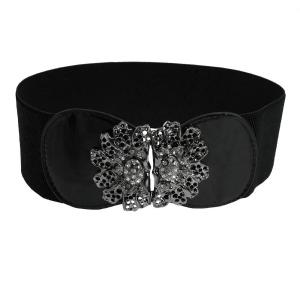 Woman Black Elastic Band Rhinestone Metal Flower Cinch Waist Belt