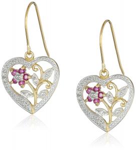 Khuyên tai 18k Yellow Gold Plated Sterling Silver Ruby and Diamond Accent Heart Earrings