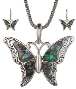 Bộ trang sức Green Abalone Shell Butterfly Pendant with Popcorn Chain Necklace with Matching Earrings by Jewelry Nexus