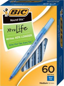 BIC Round Stic Xtra Life Ball Pen, Medium Point (1.0 mm), Blue, 60-Count