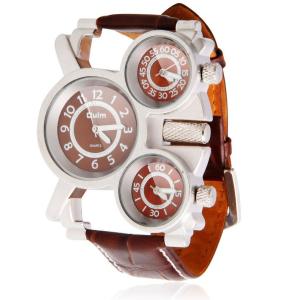 Đồng hồ Oulm Three Time Display Quartz Mens Military Army Sport Wrist Watch Brown Leather