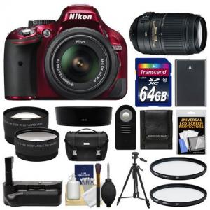 Máy ảnh Nikon D5200 Digital SLR Camera & 18-55mm G VR DX AF-S Zoom Lens (Red) with 55-300mm VR Lens + 64GB Card + Case + Grip & Battery + Tripod + Tele/Wide Lenses + Filters Kit