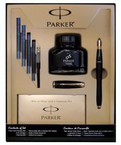 Bút Parker Urban Fountain Pen, Medium Point, Black with Gold Trim Kit with 4 Ink Cartridges (1760841)