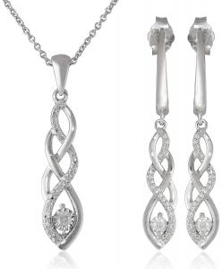Sterling Silver Diamond Twist Earrings and Pendant Necklace Box Set (1/ 5 cttw)