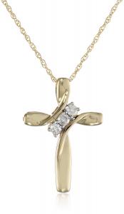 10k Yellow Gold Three-Diamond Cross Pendant Necklace (1/10 cttw, I-J Color, I2-I3 Clarity), 18"