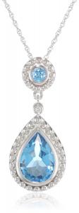 14k White Gold Swiss Blue Topaz and Diamond Drop Pendant Necklace, 18"