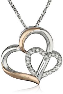 XPY Sterling Silver and 14k Rose Gold Diamond Double-Heart Pendant Necklace, 18" (0.09 cttw, I-J color, I2-I3 clarity)