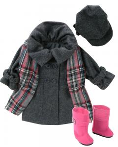 Doll Dress Coat fits American Girls Dolls, 4 Pc. 18 Inch Doll Coat/Clothing Set Includes Stylish Gray Coat, Doll Hat, Plaid Scarf & Hot Pink Doll Boots