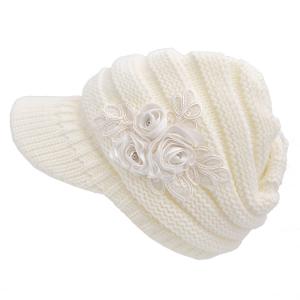 Women's Cable Knit Visor Hat with Flower Accent White Color