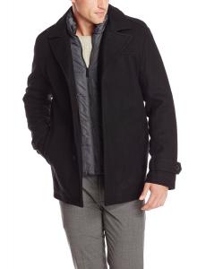 Tommy Hilfiger Men's Wool-Blend Melton Single-Breasted Peacoat with Bib