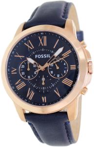 Fossil Men's FS4835 Grant Chronograph Leather Watch - Rose Gold-Tone and Blue