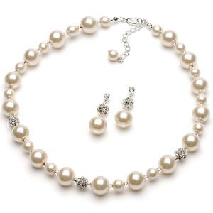USABride Lustrous Ivory Simulated Pearl & Rhinestone Necklace and Earrings, Bridal Jewelry Set 1360 IV