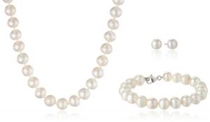 Sterling Silver 10mm White Freshwater Cultured Pearl Necklace, Bracelet, 8mm Earrings Jewelry Set