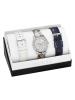 GUESS Women's U0525L1 Interchangeable Wardrobe Silver-Tone Multi-Function Watch Set with Genuine Leater Straps in Pyton-like, White & Blue