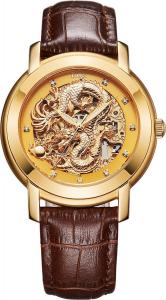 BOS Men's 'Dragon Collection' Luxury Gold Dial Calfskin Band Automatic Mechanical Watch 9007