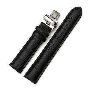 iStrap 24mm Genuine Leather Deployant Watch Band Double Push Button Buckle - Black 24