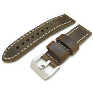 24mm MiLTAT Pull Up Aniline Green Italian Leather Watch Strap with same leather lining, Beige Hand Stitch