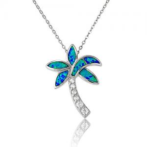 Sterling Silver Blue Opal & CZ Palm Tree Pendant with 18" Chain