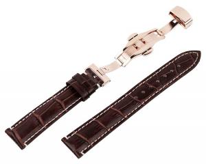 22mm Alligator Grain Leather Watch Band Strap Rose Gold Button Deployment Clasp Contrast Stitch Brown