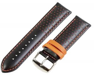 22mm Rally Perforated Smooth Black / Orange Leather Interchangeable Watch Band Strap