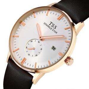 Đồng hồ nam TSS Men's White Dial Golden Hand Brown Leather Band Quartz Movement Wrist Watch mặt trắng