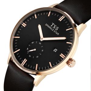 Đồng hồ nam TSS Men's Black Dial Golden Hand Brown Leather Band Quartz Movement Wrist Watch mặt đen