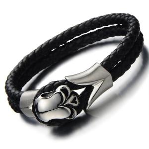 Gothic Biker Stainless Steel Mens Skull Bracelet Genuine Braided Leather Wristband Silver Black Two-tone