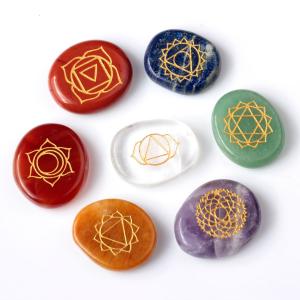 TGS Gems®7 Piece Engraved Chakra Stone Palm Stone Crystal Reiki Healing with One Pouch En0001sy