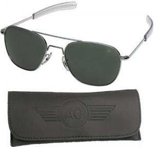 American Optical AO Original Pilot Aviator Sunglasses 52 mm Shiny Silver Bayonet True Color Gray Glass Lenses 30042