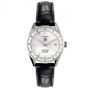 TAG Heuer Men's WV2116.FC6180 Carerra Calibre 7 Twin Time Automatic White Dial Black Crocodile Watch