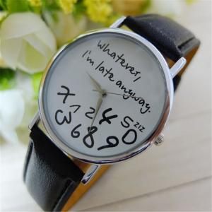 U-beauty Unisex Women Ladies Girl" Whatever, i'm late anyway" Letter Leather Strap Watches Quartz Wrist Watch (Black)