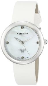 Akribos XXIV Women's AK687SS "Impeccable" Diamond Embellished Silver-Tone Watch with White Satin Strap