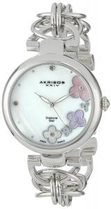 Akribos XXIV Women's AK645SS Lady Diamond Swiss Quartz Diamond Mother-of-Pearl Flower Silver-tone Circle Link Bracelet Watch