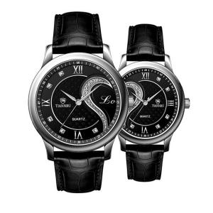R-timer Ultrathin Leather Romantic Black Pair Wrist Watches for Couple Men Women(set of 2)