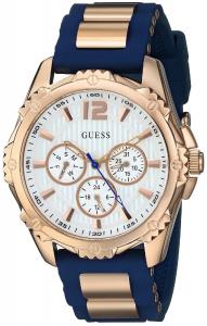 GUESS Women's U0325L8 Sporty Multi-Function Watch with Comfortable Navy Blue Silicone Strap & Rose Gold-Tone Interlinks