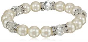 1928 Jewelry Bridal Crystal Silver-Tone Simulated Pearl and Crystal Stretch Bracelet, 7"
