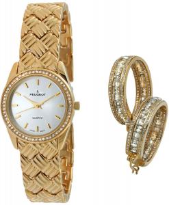Peugeot Women's 648 Quilted Gold-tone Watch & Crystal Earring Gift Set