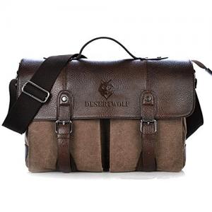 DesertWolf Premium Cotton Canvas Cross Body Laptop Messenger Bag - Men Business Vintage Handbag/Briefcase - Fit 14 inch Laptop