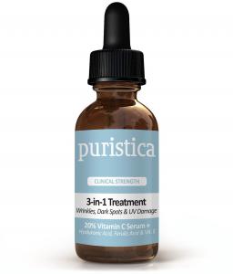 Serum Treatment for Dark Age Spots, Skin Discoloration and Fine Wrinkles plus Antioxidant Rich Vitamin C Hyaluronic Acid Moisturizer - Puristica 1 Oz