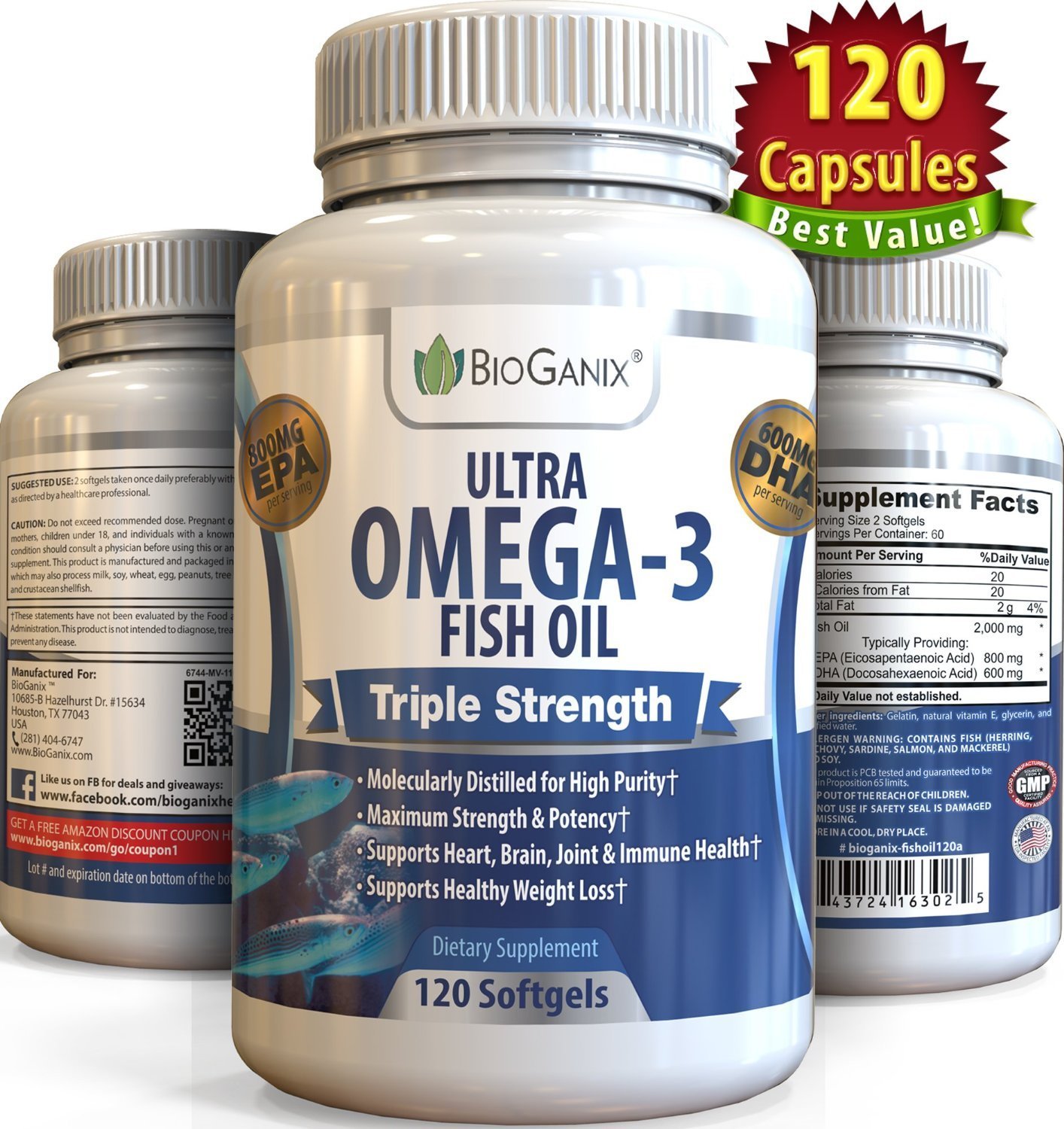 Best Ultra Omega3 Fish Oil 2000mg Supplement /w 800 EPA + 600 DHA