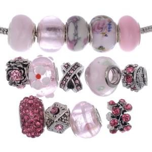 eART Murano Lampwork Charm Glass Beads Tibetan Crystal European Charm Bracelet Mix Assortment Pink 15 Pcs