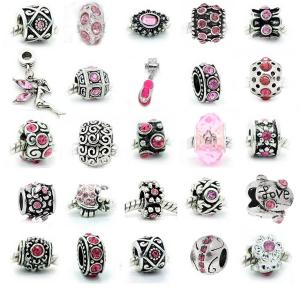 Ten (10) of Assorted Pink Color Crystal Rhinestone and Metal Beads Charms Spacers for European Chain Bracelets