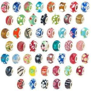 50 Piece Lot Lampwork Murano Glass European Mix Beads- Compatible with Most Major Charm Bracelets