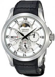 Seiko SRX003 Mens Premier Kinetic Direct Drive Moonphase White Dial Black Leather Watch