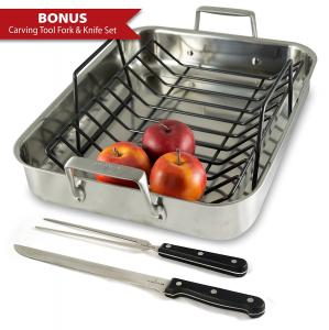 Culina® Oven to Stove 16" Roaster Pan Tri-ply Stainless Steel with Non-stick Roasting Rack and Bonus Carving Set.