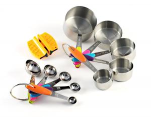 Premium Stainless Steel Measuring Cups and Spoons Stackable Set, 10 Pieces with Bonus 2-Step Knife Sharpener and Recipe eBook. Use Professional Cookware to Measure Food Properly in your Kitchen.